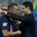 LILLE, FRANCE - MAY 25: Kylian Mbappe of PSG salutes PSG President Nasser Al Khelaifi during the podium ceremony following the French Cup Final between Olympique Lyonnais (OL, Lyon) and Paris Saint-Germain (PSG) at Stade Pierre Mauroy, Decathlon Arena on May 25, 2024 in Villeneuve d'Ascq near Lille, France. (Photo by Jean Catuffe/Getty Images)